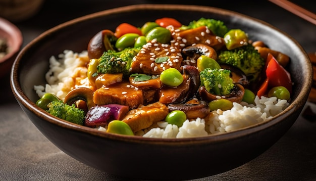 Fresh vegetable salad with rice and pork generated by AI