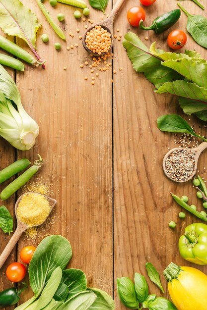 Fresh vegetables placed on wooden table