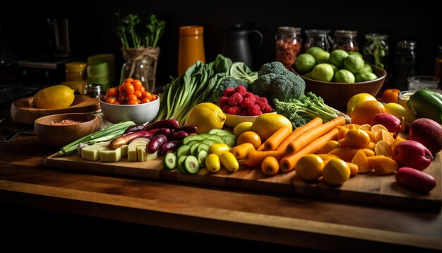 Fresh vegetables on rustic wood table indoors generated by AI