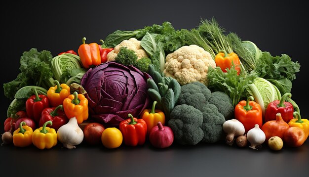 Свежие овощи, помидоры, цветная капуста, морковь, брокколи, лук, болгарский перец, созданные искусственным интеллектом