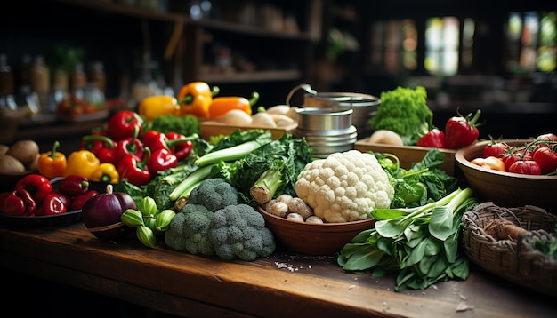 Свежие овощи на деревянном столе, приготовление здоровой еды в домашних условиях, созданное искусственным интеллектом