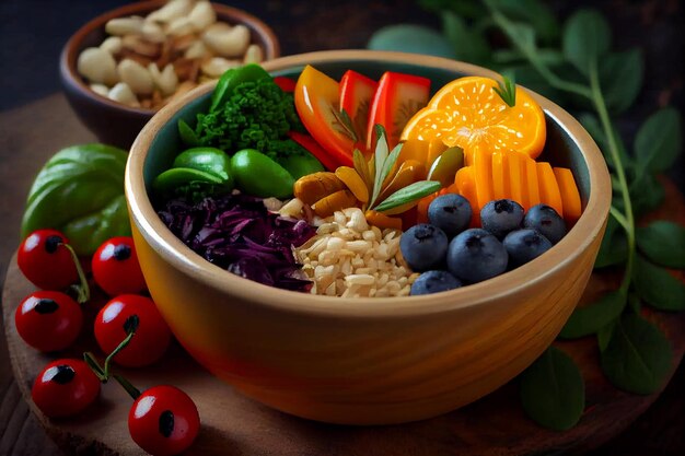 Fresh Vegetarian Bowl with Organic Tomato and Fruit generative AI