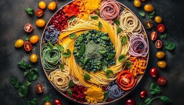 Foto gratuita pasta vegetariana fresca su tavola di legno rustica generata da ai