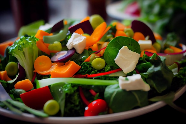 Fresh vegetarian salad on green crockery plate generative AI