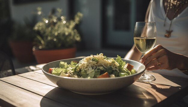 Свежий вегетарианский салат на столе с белым вином, созданный ИИ