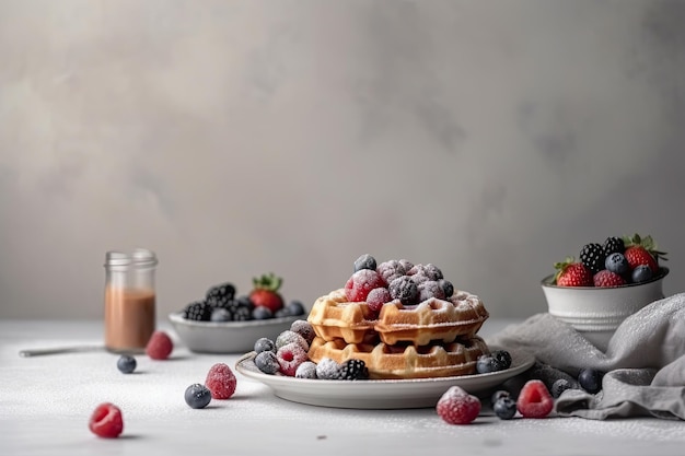 Fresh waffles with berries and sugar powder on white background Ai generative