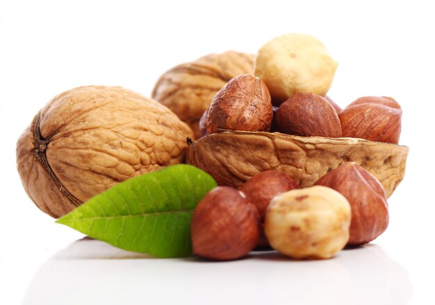 fresh walnut with leavess and hazelnuts