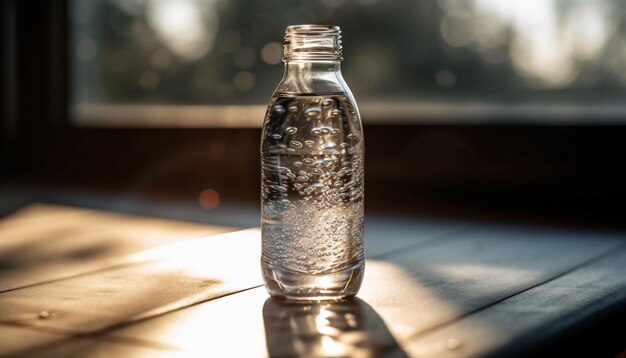 Fresh water in glass bottle on wooden table generated by AI