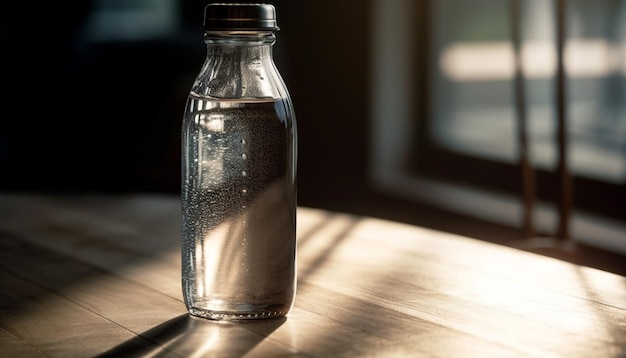 Fresh water pours into transparent glass jar generated by AI