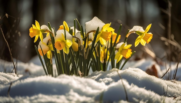 AI によって生成された雪に覆われた春の牧草地の新鮮な黄色のクロッカス
