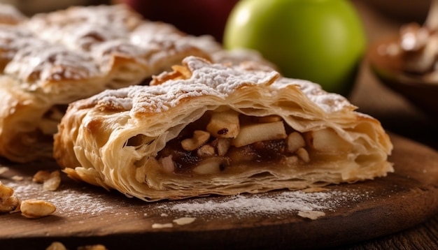 Foto gratuita strudel di mele appena sfornato su tavola rustica generato da ai