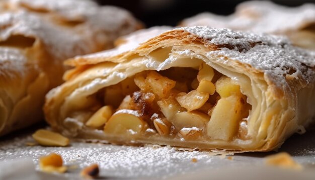 Freshly baked apple strudel on wooden plate generated by AI