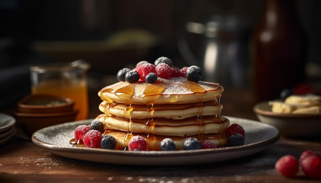 Freshly baked blueberry pancakes on rustic wooden plate generated by AI