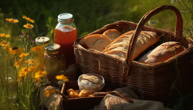 Бесплатное фото Свежеиспеченный хлеб и фрукты в плетеной плетенке, созданной ии