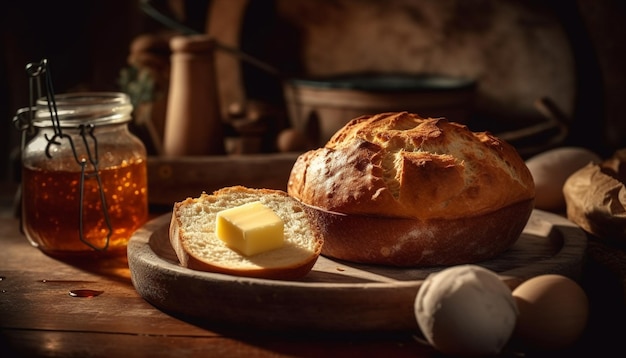 Бесплатное фото Свежеиспеченный хлеб на деревенском деревянном столе, созданный ии