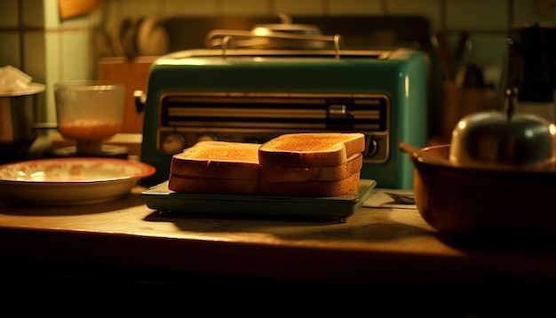 Free photo freshly baked bread on rustic kitchen table generated by ai