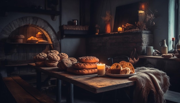 Freshly baked bread on rustic wooden table generated by AI