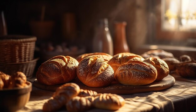 Freshly baked bread on rustic wooden table generated by AI