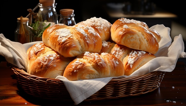 Foto gratuita pane appena cotto in un cesto di legno un pasto gourmet generato dall'intelligenza artificiale