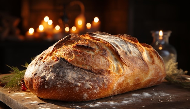 Свежевыпеченный хлеб на деревянном столе праздник для празднования, созданный искусственным интеллектом