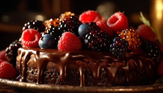 Free photo freshly baked chocolate cake with raspberry decoration generated by ai