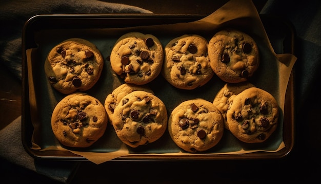 Biscotti al cioccolato appena sfornati su vassoio rustico generato dall'intelligenza artificiale