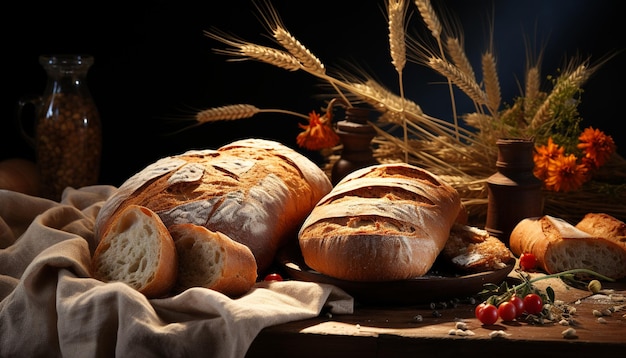 무료 사진 신선하게 구운 시아바타 (ciabatta) 는 인공지능에 의해 생성된 목조 테이블 위의 시골 고양이 식사입니다.