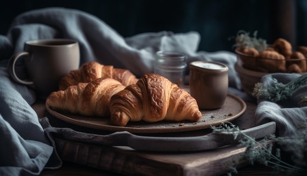 Croissant appena sfornato su tavolo in legno rustico generato da ai