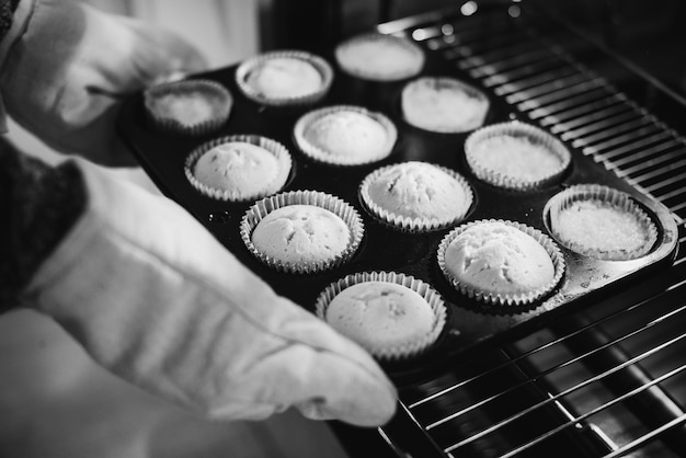 Freshly baked cupcakes out of the oven