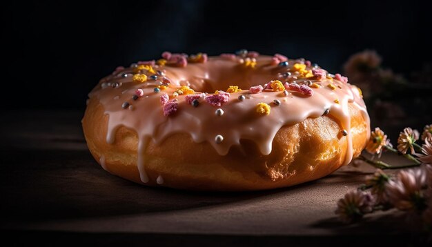 Freshly baked donut with chocolate icing temptation generated by AI