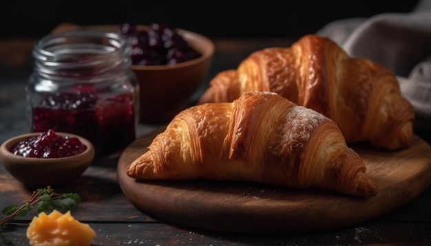 Freshly baked French pastries on rustic wood table generated by AI