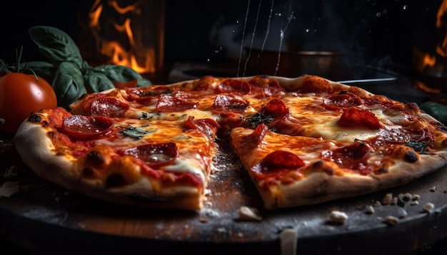 Freshly baked gourmet pizza on rustic wooden table generated by AI