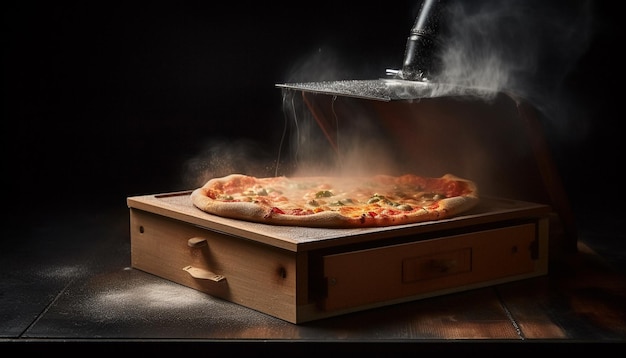 Foto gratuita pizza gourmet appena sfornata su tavola di legno generata da ai