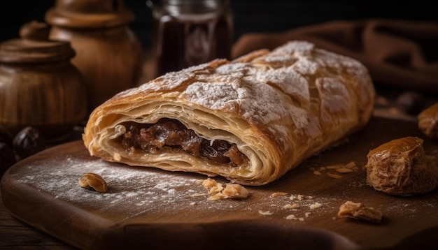 Foto gratuita strudel di mele fatto in casa appena sfornato su legno rustico generato dall'ia