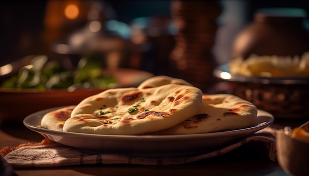 Freshly baked homemade bread on rustic table generated by AI