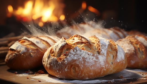 人工知能によって生成された田舎の木製のテーブルに新鮮に焼かれた自家製のパン
