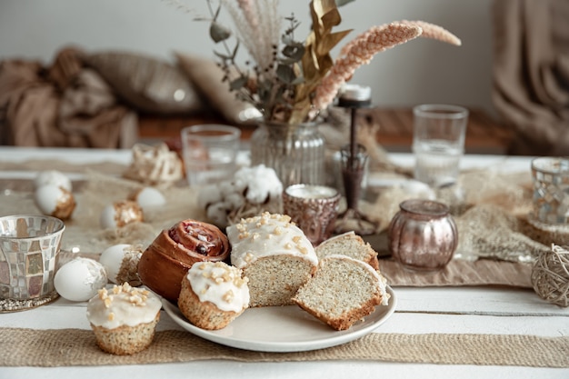 Freshly baked homemade cakes on a festive table.