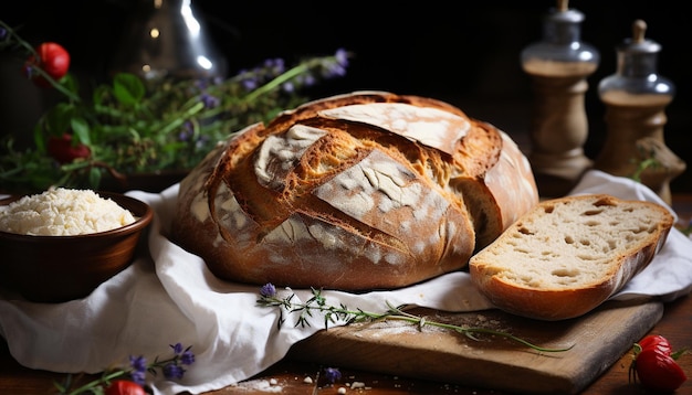 Foto gratuita ciabatta casalinga appena cotta su un rustico tavolo di legno generato dall'intelligenza artificiale