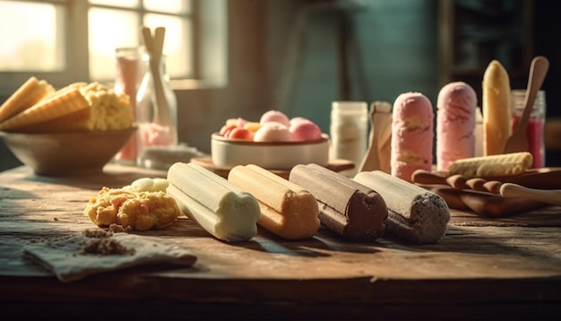 Бесплатное фото Свежеиспеченное домашнее печенье на деревенском столе, сгенерированное ии