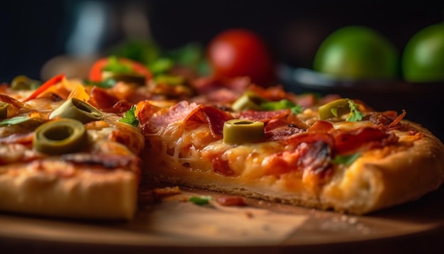 Foto gratuita pizza fatta in casa appena sfornata su tavola di legno rustica generata da ai