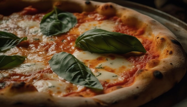 Freshly baked margarita pizza on rustic wood table generated by AI