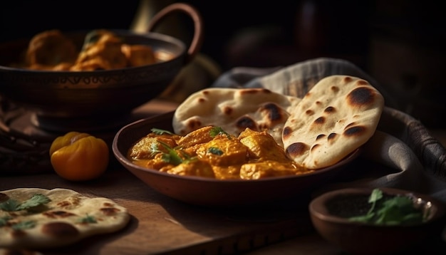 Free photo freshly baked naan bread in rustic wood bowl generated by ai