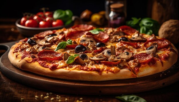 Freshly baked pizza on rustic wooden table generated by AI