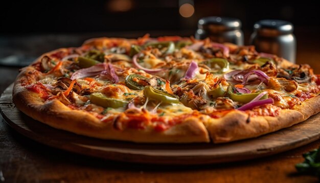 Freshly baked pizza on rustic wooden table generated by AI