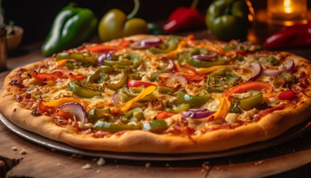 Freshly baked pizza on rustic wooden table generated by AI