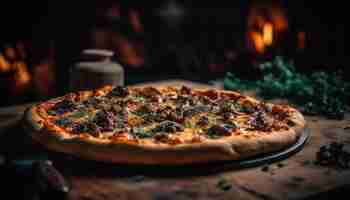 Free photo freshly baked pizza on rustic wooden table generated by ai