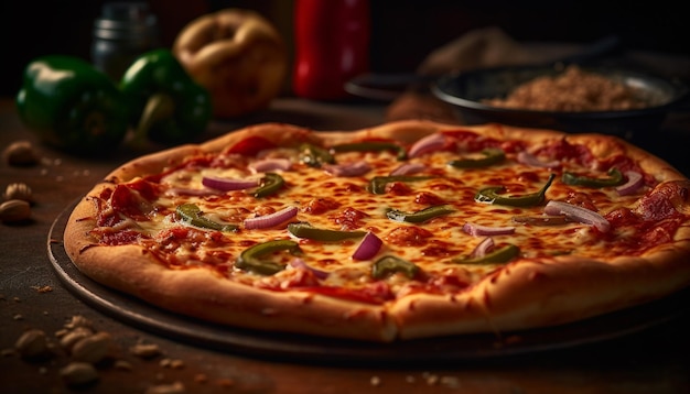 Foto gratuita pizza appena sfornata su tavola di legno rustica generata da ai