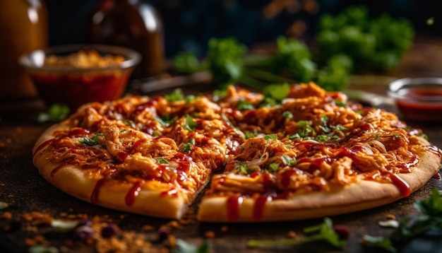 Free photo freshly baked pizza on rustic wooden table generated by ai