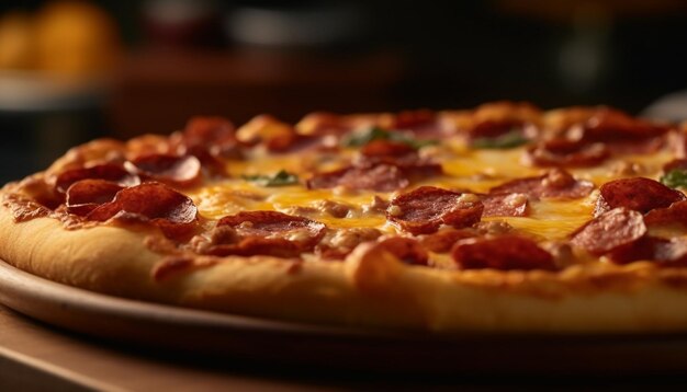 Freshly baked pizza on rustic wooden table generated by AI