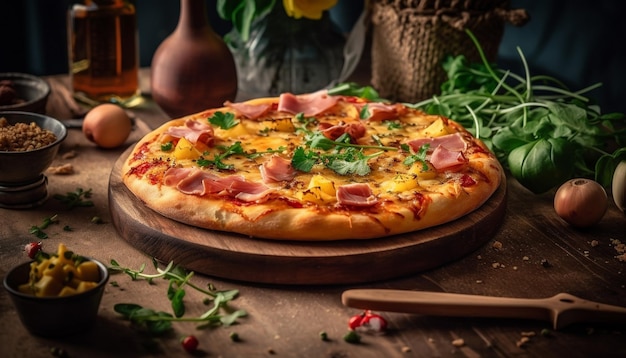 Свежеиспеченная пицца на деревенском деревянном столе, созданная AI